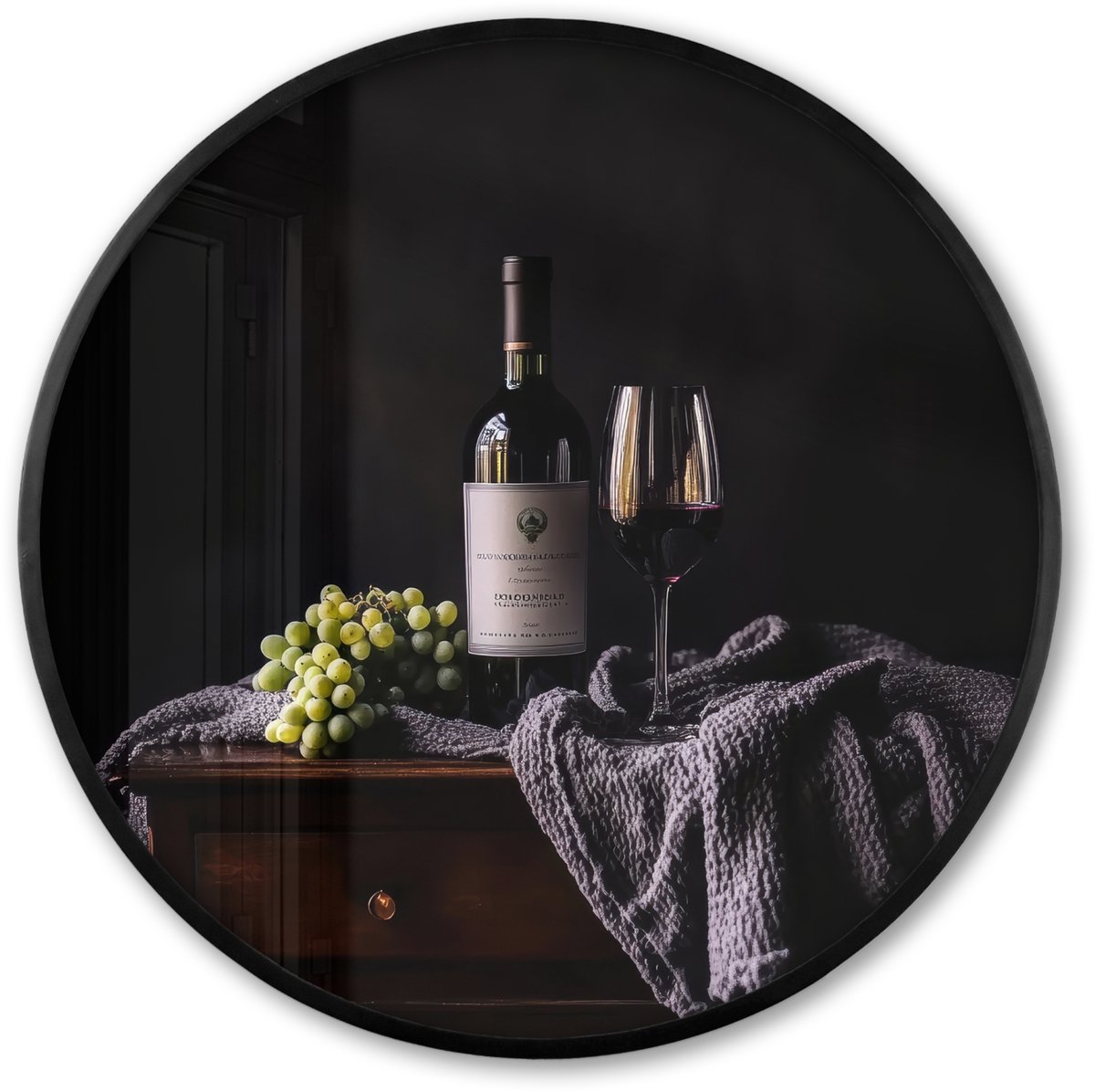 FrameYourWall Poster in lijst Rond - Fotolijst 80x80 cm - Posters - Druiven - Wijn - Rood - Tafel - Ronde posterlijst zwart - Decoratie - Wanddecoratie woonkamer - Muurdecoratie slaapkamer Rode - Wijn