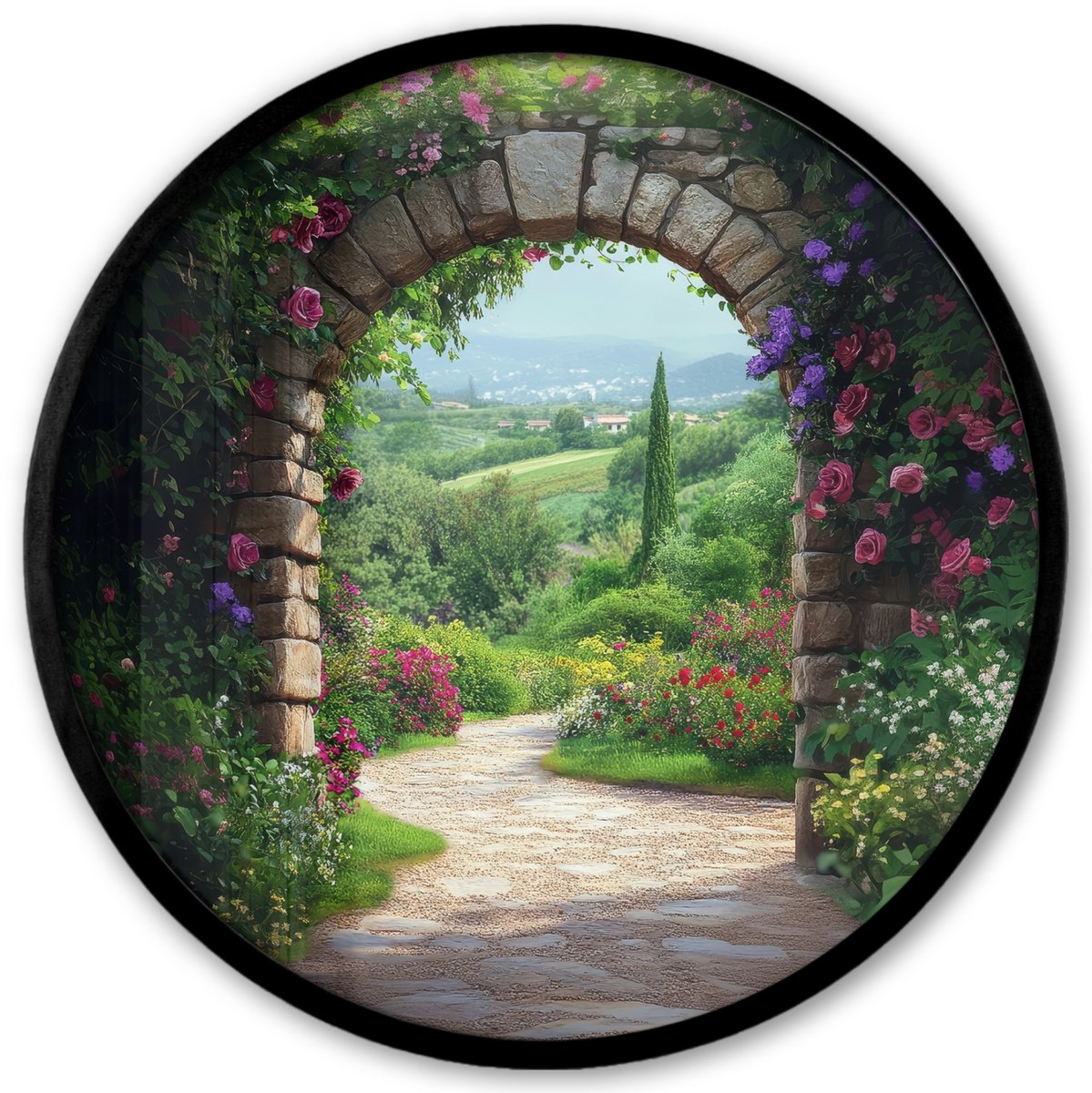 FrameYourWall Poster in lijst Rond - Fotolijst 40x40 cm - Posters - Doorkijk - Landschap - Bloemen - Pad - Uitzicht - Ronde posterlijst zwart - Decoratie - Wanddecoratie woonkamer - Muurdecoratie slaapkamer Poort - Landschap