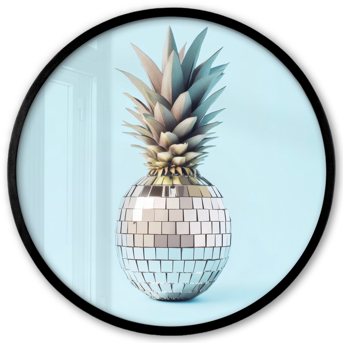 FrameYourWall Poster in lijst Rond - Fotolijst 40x40 cm - Posters - Blauw - Ananas - Disco - Discobal - Ronde posterlijst zwart - Decoratie - Wanddecoratie woonkamer - Muurdecoratie slaapkamer Disco - Ananas