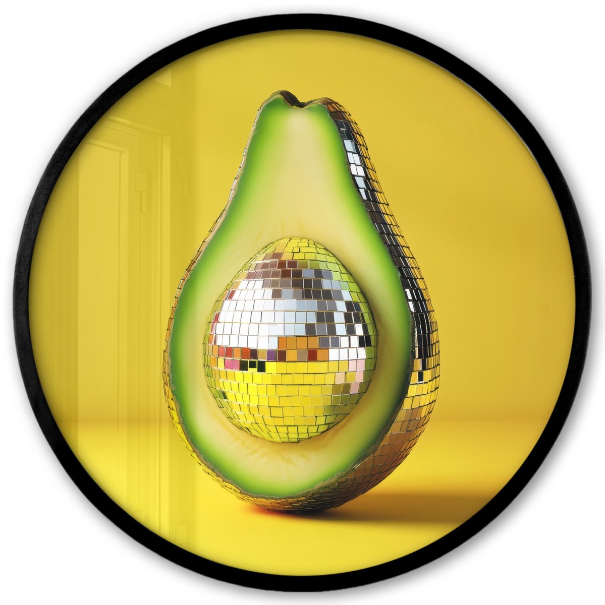 FrameYourWall Poster in lijst Rond - Fotolijst 40x40 cm - Posters - Avocado - Discobal - Geel - Glitter - Ronde posterlijst zwart - Decoratie - Wanddecoratie woonkamer - Muurdecoratie slaapkamer Disco - Avocado