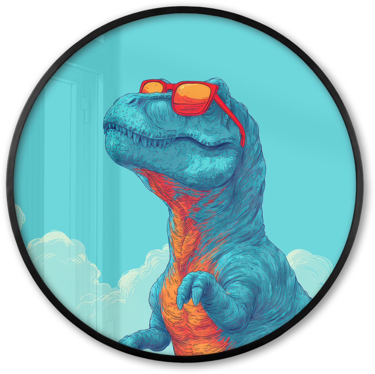 FrameYourWall Poster in lijst Rond - Fotolijst 80x80 cm - Posters - T-Rex - Blauw - Wolken - Zonnebril - Ronde posterlijst zwart - Decoratie - Wanddecoratie woonkamer - Muurdecoratie slaapkamer Dinosaurus - Wolken - Zonnebril