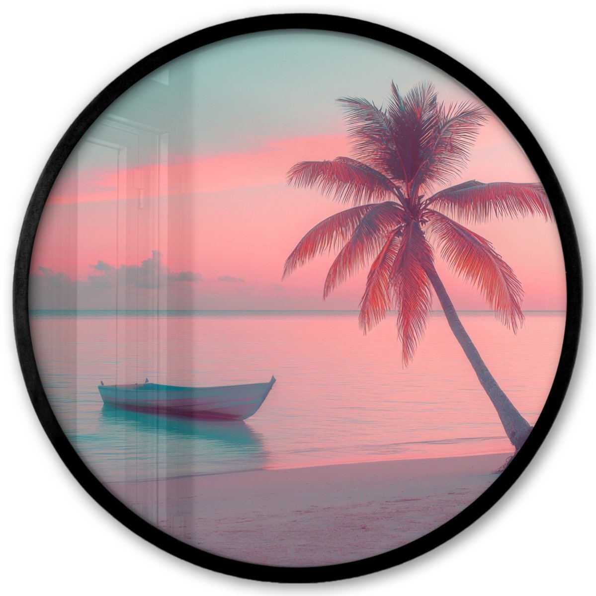 FrameYourWall Poster in lijst Rond - Fotolijst 40x40 cm - Posters - Zee - Boot - Zonsondergang - Ronde posterlijst zwart - Decoratie - Wanddecoratie woonkamer - Muurdecoratie slaapkamer Strand - Palmboom