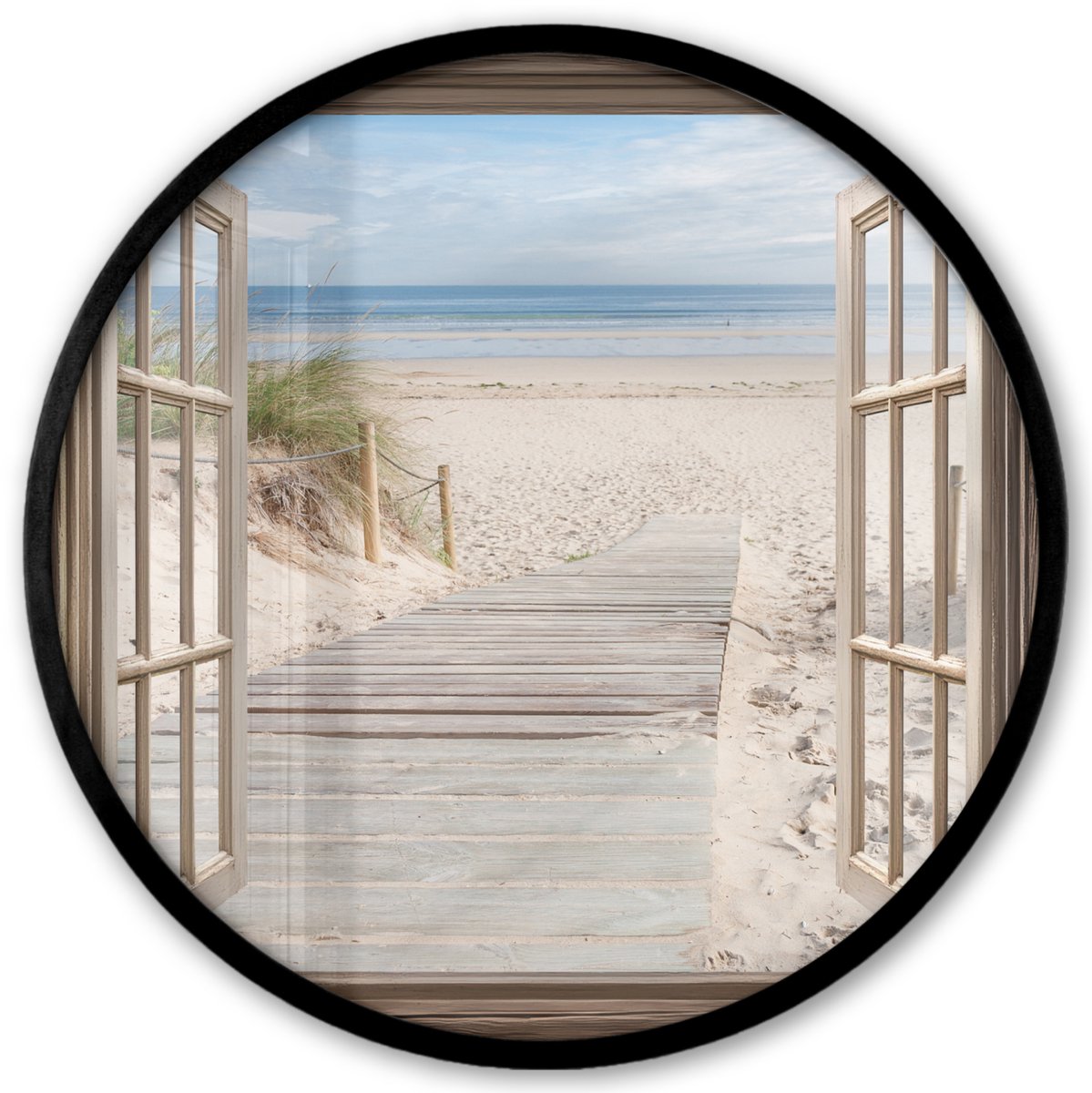 FrameYourWall Poster in lijst Rond - Fotolijst 40x40 cm - Posters - Doorkijk - Strand - Duinen - Pad - Landschap - Ronde posterlijst zwart - Decoratie - Wanddecoratie woonkamer - Muurdecoratie slaapkamer Strand - Pad