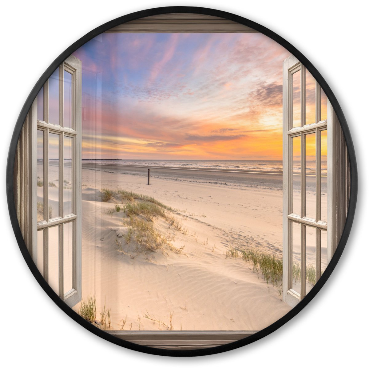 FrameYourWall Poster in lijst Rond - Fotolijst 60x60 cm - Posters - Doorkijk - Strand - Duinen - Natuur - Landschap - Ronde posterlijst zwart - Decoratie - Wanddecoratie woonkamer - Muurdecoratie slaapkamer Zonsondergang - Strand