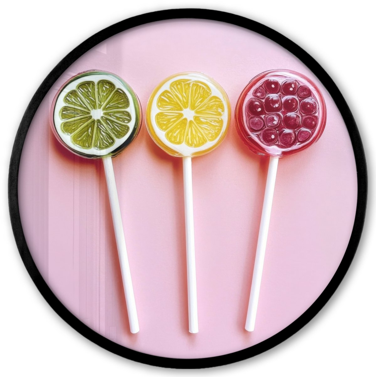 FrameYourWall Poster in lijst Rond - Fotolijst 40x40 cm - Posters - Lolly - Snoep - Citrus - Ronde posterlijst zwart - Decoratie - Wanddecoratie woonkamer - Muurdecoratie slaapkamer