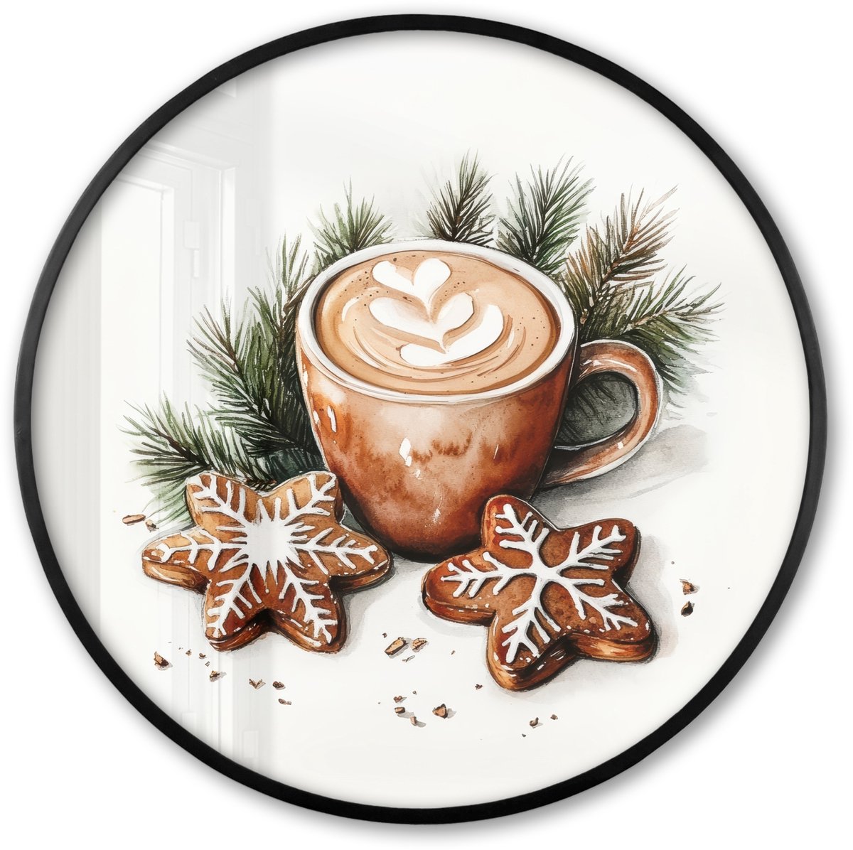 FrameYourWall Poster in lijst Rond - Fotolijst 80x80 cm - Posters - Koffie - Koek - Winter - Art - Kerst - Ronde posterlijst zwart - Decoratie - Wanddecoratie woonkamer - Muurdecoratie slaapkamer - Kerstversiering - Kerstdecoratie voor binnen - Kerstmis Kerst - Koffie