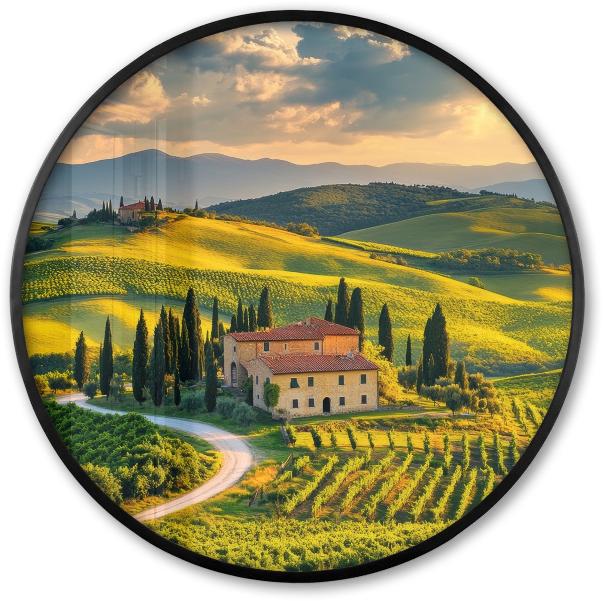 FrameYourWall Poster in lijst Rond - Fotolijst 80x80 cm - Posters - Toscane - Landschap - Wijngaarden - Ronde posterlijst zwart - Decoratie - Wanddecoratie woonkamer - Muurdecoratie slaapkamer