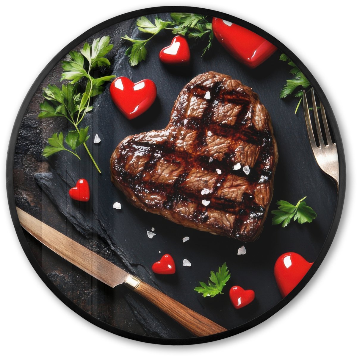 FrameYourWall Poster in lijst Rond - Fotolijst 60x60 cm - Posters - Steak - Hart - Bestek - Ronde posterlijst zwart - Decoratie - Wanddecoratie woonkamer - Muurdecoratie slaapkamer