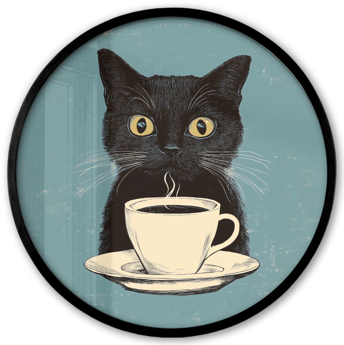 FrameYourWall Poster in lijst Rond - Fotolijst 40x40 cm - Posters - Kat - Zwart - Koffie - Minimalistisch - Ronde posterlijst zwart - Decoratie - Wanddecoratie woonkamer - Muurdecoratie slaapkamer Kat - Koffie