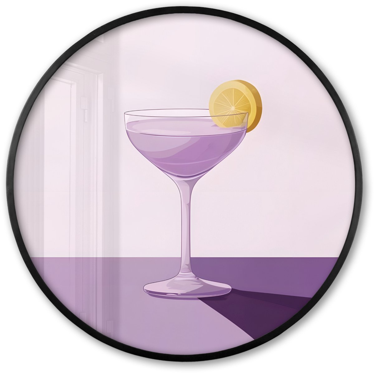 FrameYourWall Poster in lijst Rond - Fotolijst 60x60 cm - Posters - Cocktail - Paars - Minimalistisch - Citroen - Ronde posterlijst zwart - Decoratie - Wanddecoratie woonkamer - Muurdecoratie slaapkamer