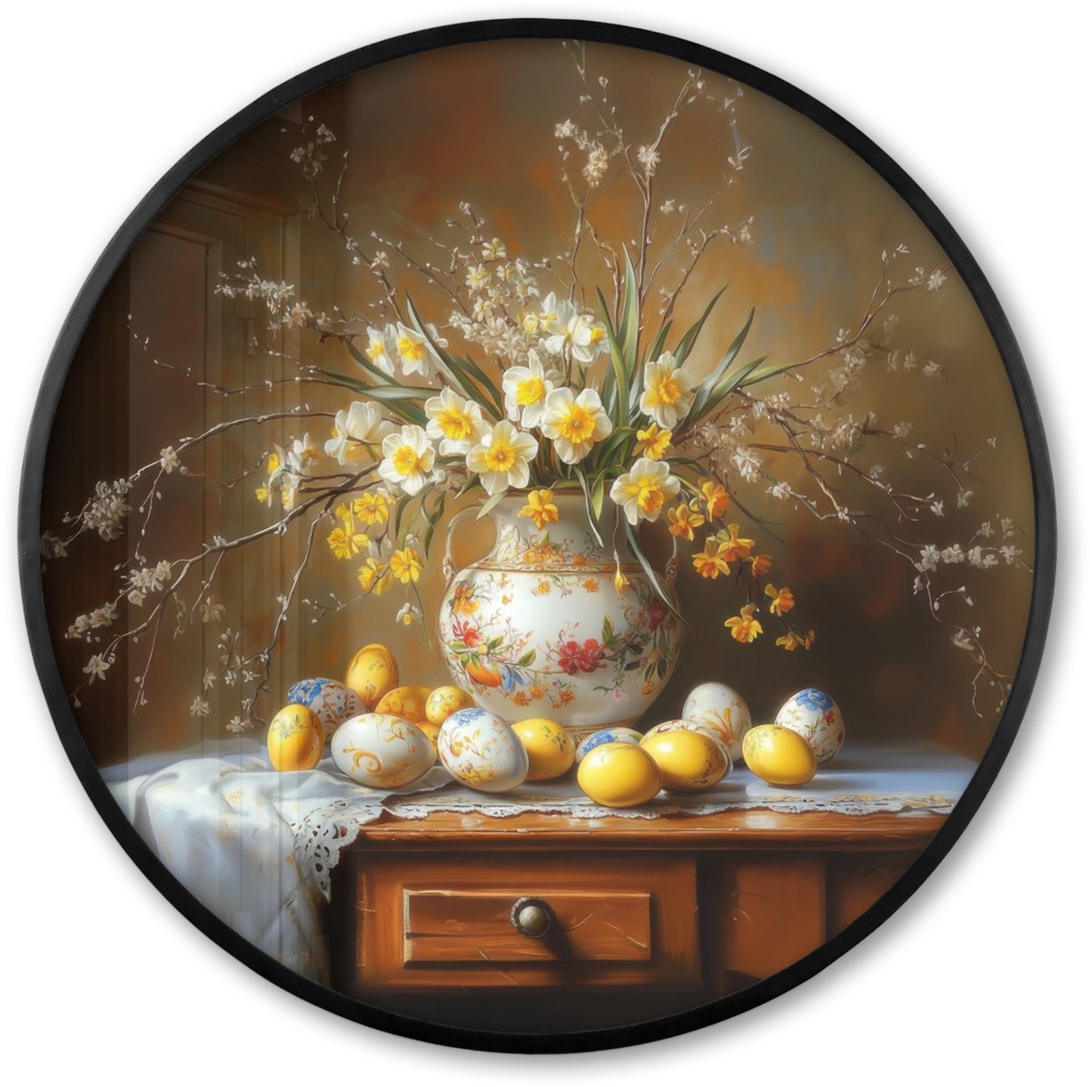 FrameYourWall Poster in lijst Rond - Fotolijst 60x60 cm - Posters - Paaseieren - Stilleven - Vaas - Ronde posterlijst zwart - Decoratie - Wanddecoratie woonkamer - Muurdecoratie slaapkamer Stilleven - Vintage