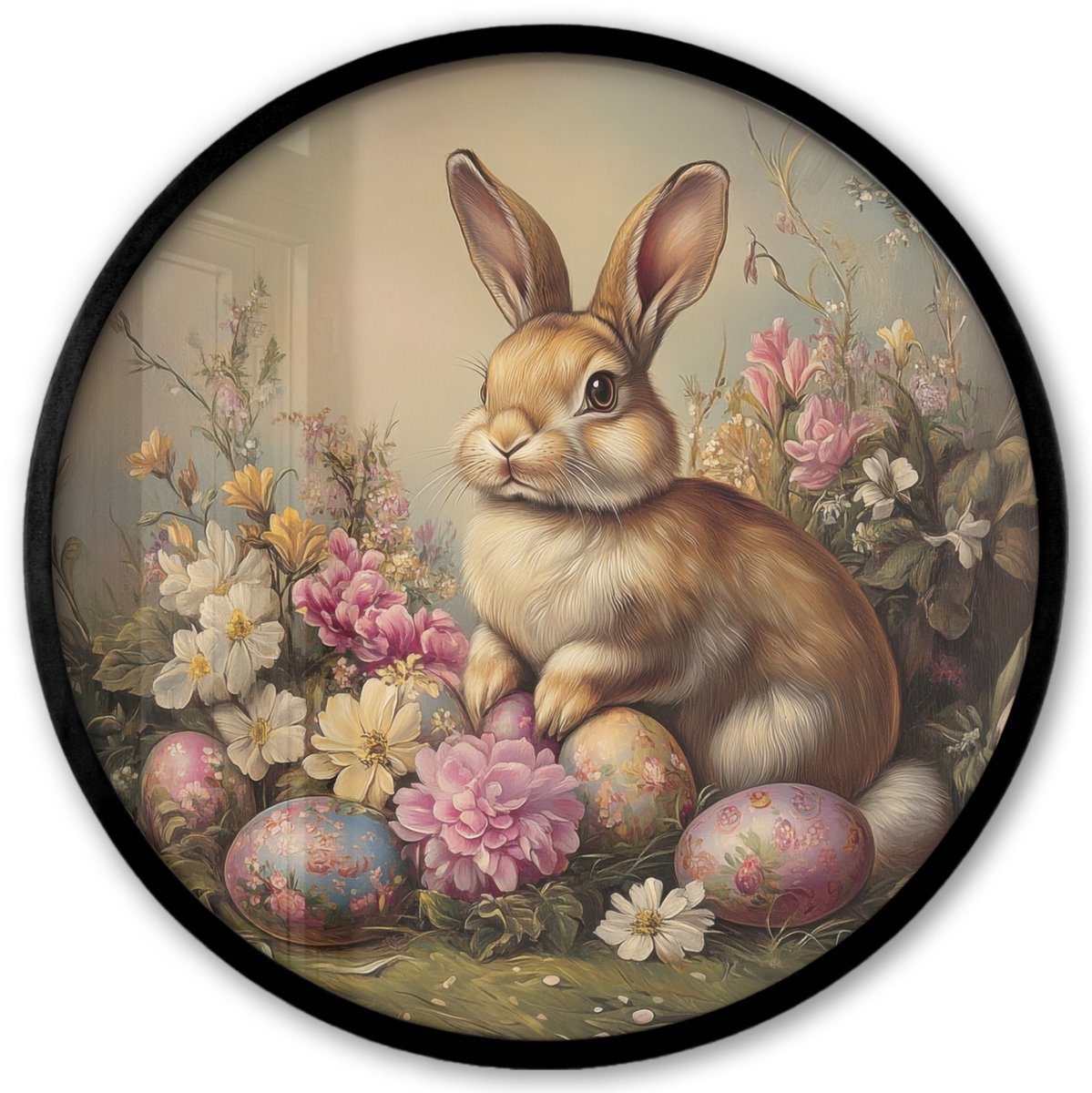 FrameYourWall Poster in lijst Rond - Fotolijst 40x40 cm - Posters - Haas - Stilleven - Bloemen - Ronde posterlijst zwart - Decoratie - Wanddecoratie woonkamer - Muurdecoratie slaapkamer Paashaas - Vintage