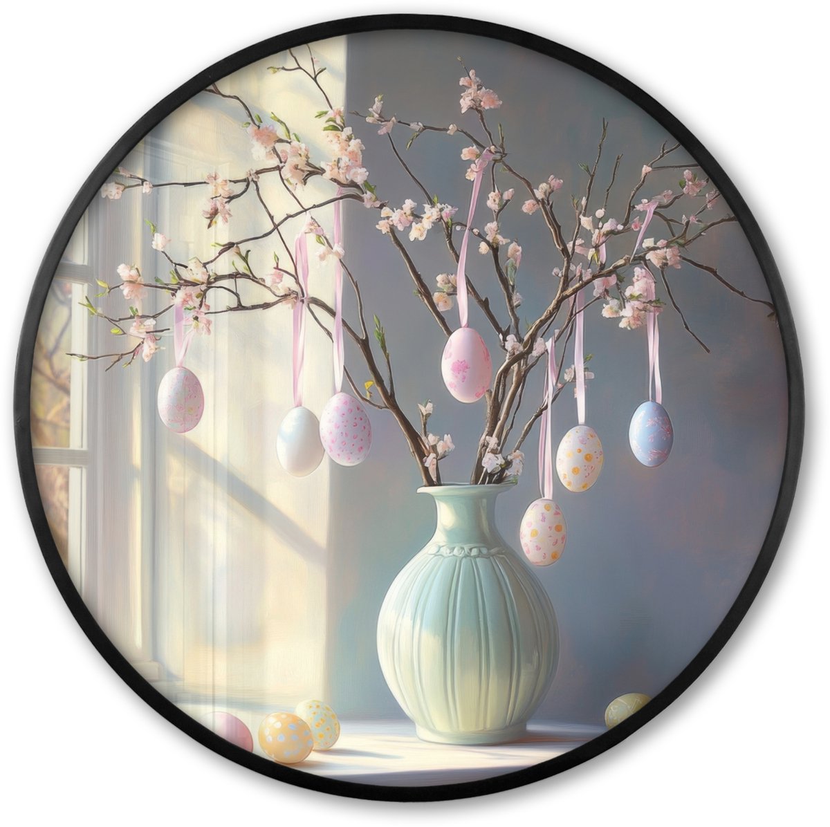 FrameYourWall Poster in lijst Rond - Fotolijst 60x60 cm - Posters - Stilleven - Vaas - Paastak - Ronde posterlijst zwart - Decoratie - Wanddecoratie woonkamer - Muurdecoratie slaapkamer