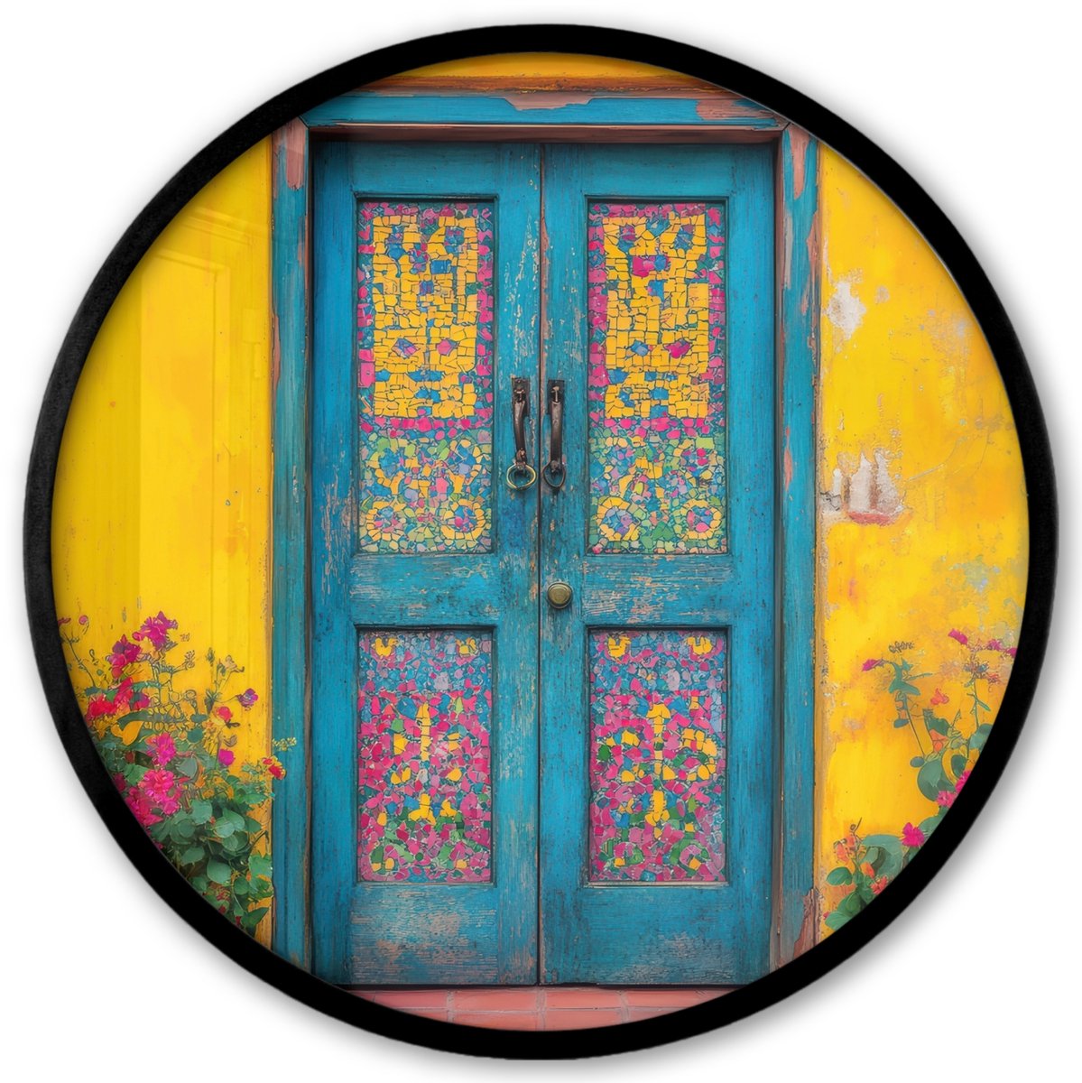 FrameYourWall Poster in lijst Rond - Fotolijst 40x40 cm - Posters - Deuren - Kleurrijk - Planten - Ronde posterlijst zwart - Decoratie - Wanddecoratie woonkamer - Muurdecoratie slaapkamer Deur - Bloemen