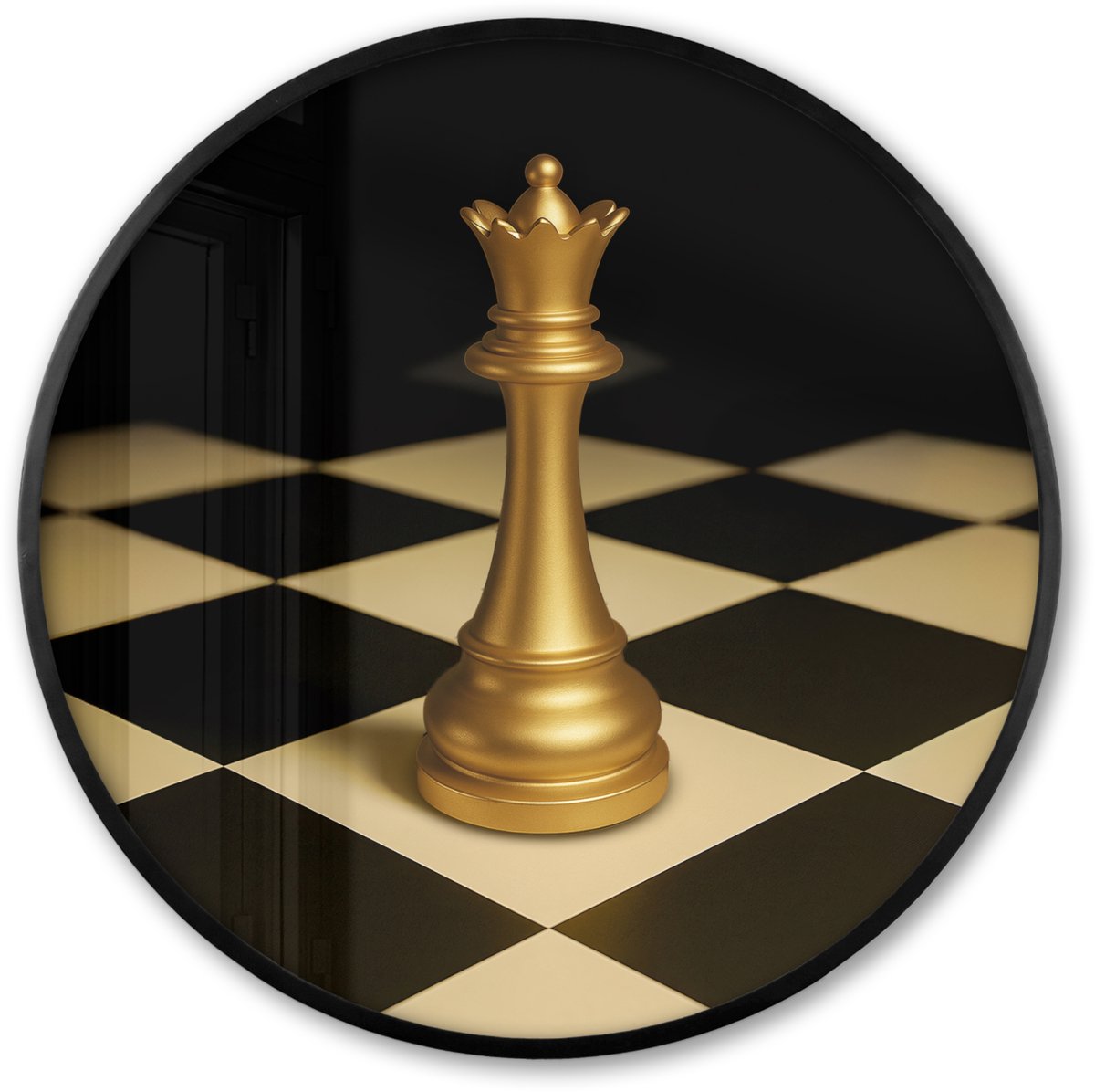 FrameYourWall Poster in lijst Rond - Fotolijst 60x60 cm - Posters - Koningin - Schaakstuk - Geblokt - Goud - Ronde posterlijst zwart - Decoratie - Wanddecoratie woonkamer - Muurdecoratie slaapkamer Schaakbord - Koningin