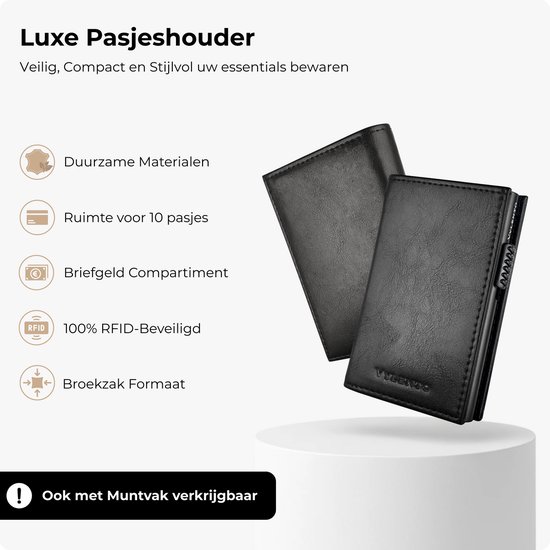 Zwarte, luxe pasjeshouder met de tekst 'Duurzame Materialen', 'Ruimte voor 10 pasjes', 'Briefgeld Compartiment', '100% RFID-Beveiligd', 'Broekzak Formaat'.