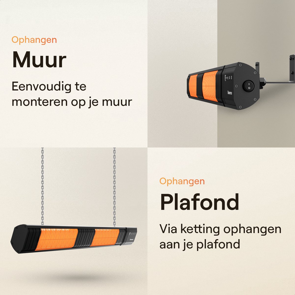 Flowsense Heater - Terrasverwarmers 3000W - Elektrisch Hangend - Infrafrood Verwarming - Voor 35m2 ruimtes - Binnen & Buiten - Incl. Afstandsbediening – foto 5