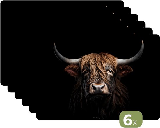 Placemats - 6 stuks - 45x30 cm - Schotse Hooglander - Koe - Gras - Dieren - Natuur