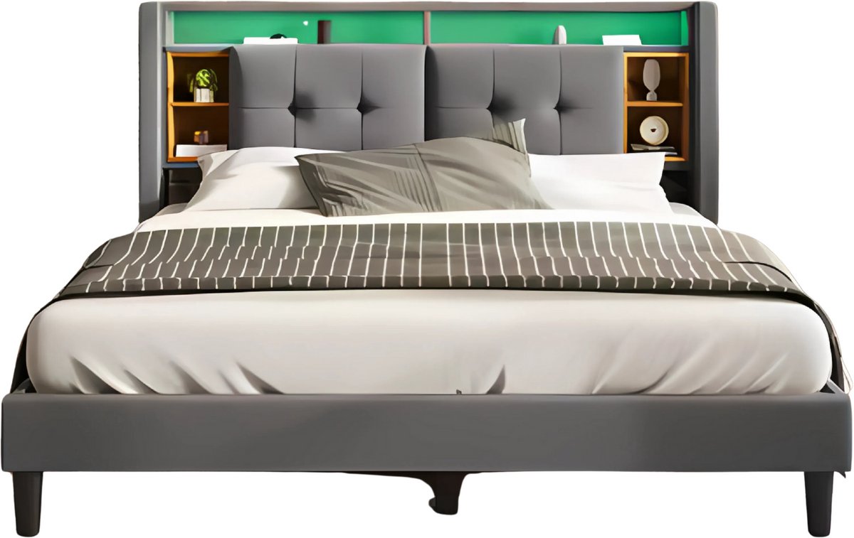 Happiq Bed - Tweepersoonsbedden - Tweepersoonsbed - Voor Slaapkamer - Met Opbergruimte, Hoofdeinde met USB-oplaadpunt & LED-verlichting - Bedrek & Houten Lattenbodem - Donkergrijs - 160x200 cm