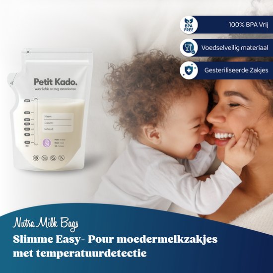 Petit Kado Nutra Milk Bags - Moedermelk Bewaarzakjes - 60 stuks, 250 ml, Temperatuur- Indicator, Lekvrij & BPA-vrij, Dubbele Sluiting, Schenktuit van Merkloos — afbeelding 3