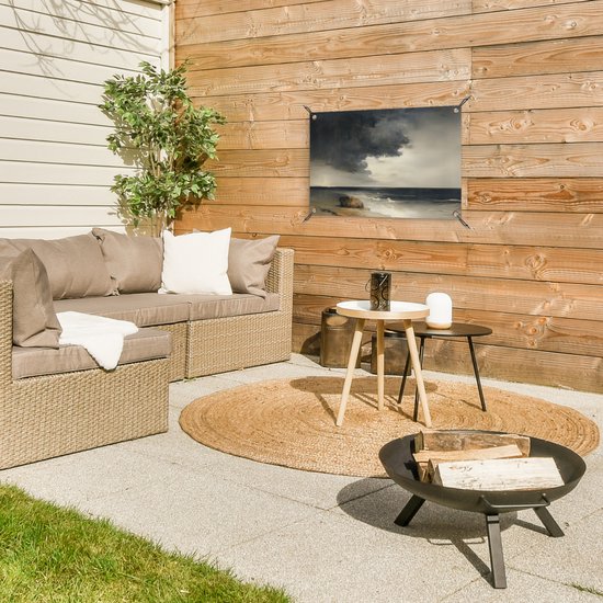 Tuinposter 60x40 cm - Tuindecoratie Kust - Golven - Rots - Storm - Poster voor in de tuin - Buiten decoratie - Schutting tuinschilderij - Tuindoek muurdecoratie - Wanddecoratie balkondoek