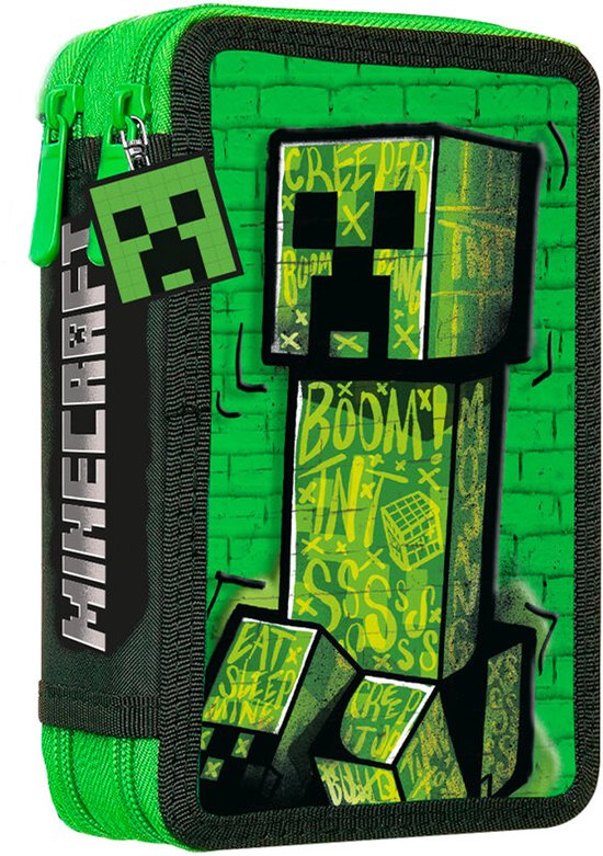 Minecraft Dubbele Etui met Inhoud – 2 Lagen – Pennenzak 14x20x5 cm – Potloden, Stiften, Gum & Puntenslijper – Officieel Minecraft