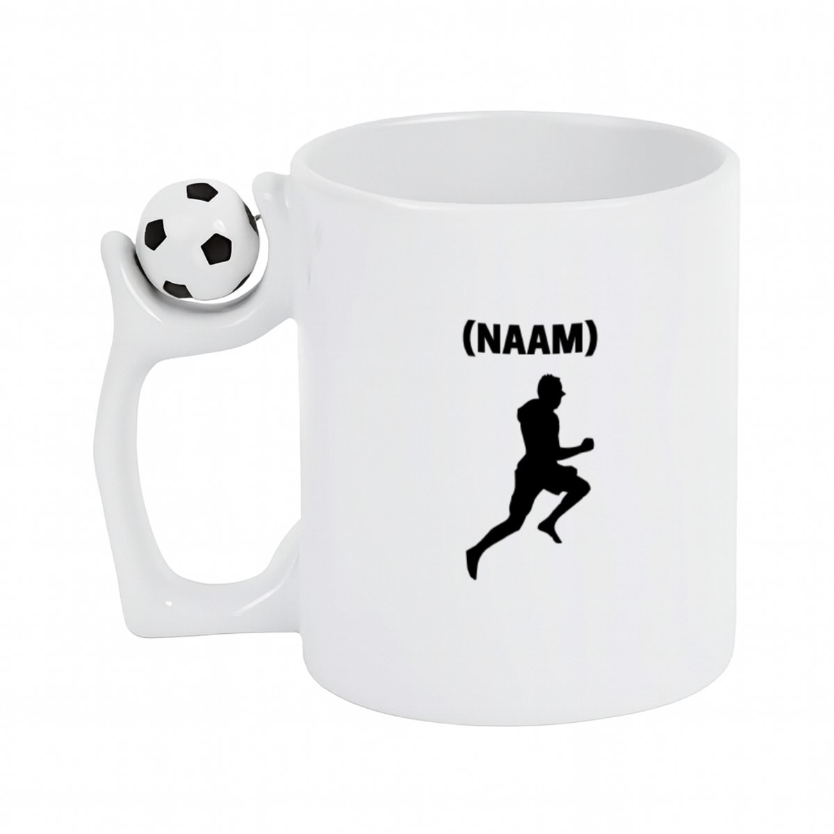 Hacebo® - Hardloop met eigen naam koffiebeker met voetbal wit - Hardlopen - Hardloper - thee mok - koffie beker - Sport - koffiemok - 330 ML