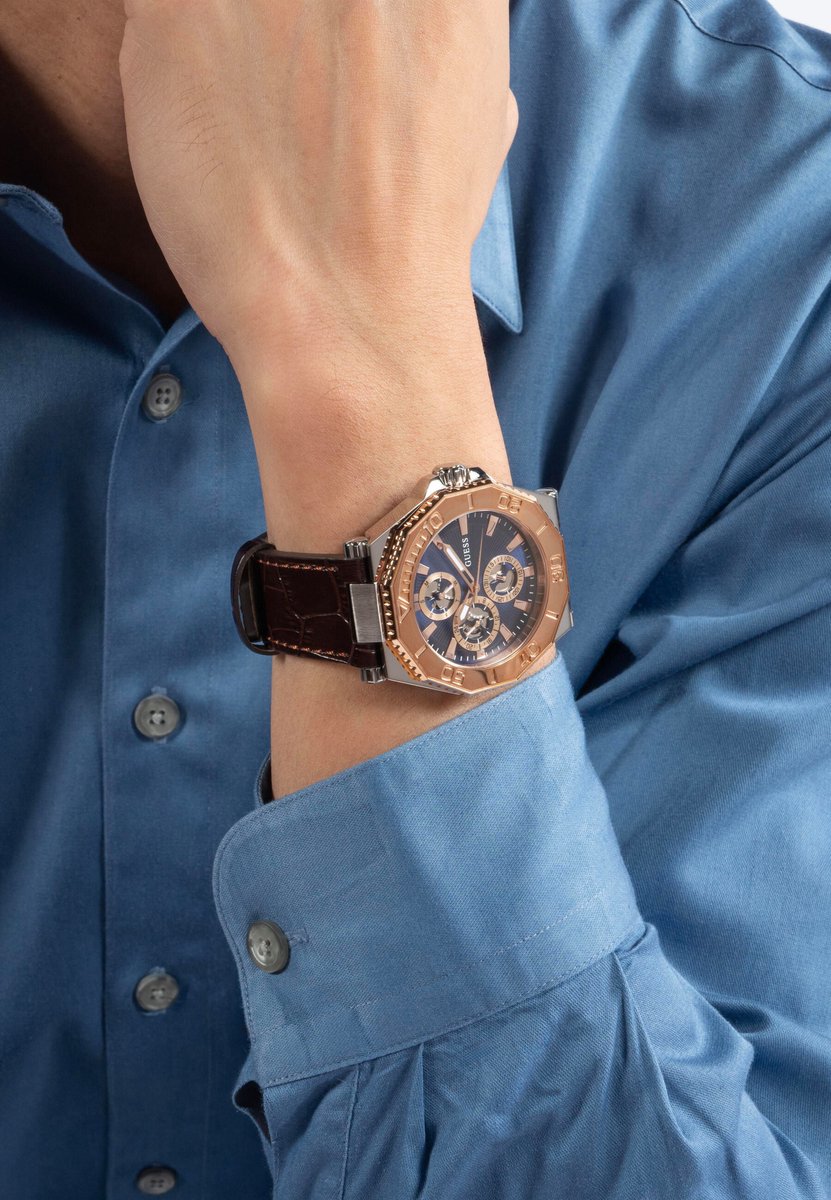 Guess Prime Multi-Function Watch Brown Case: 100% Recycled Steel | Armband: 100% Genuine Leather 46.2 mm GW0704G2