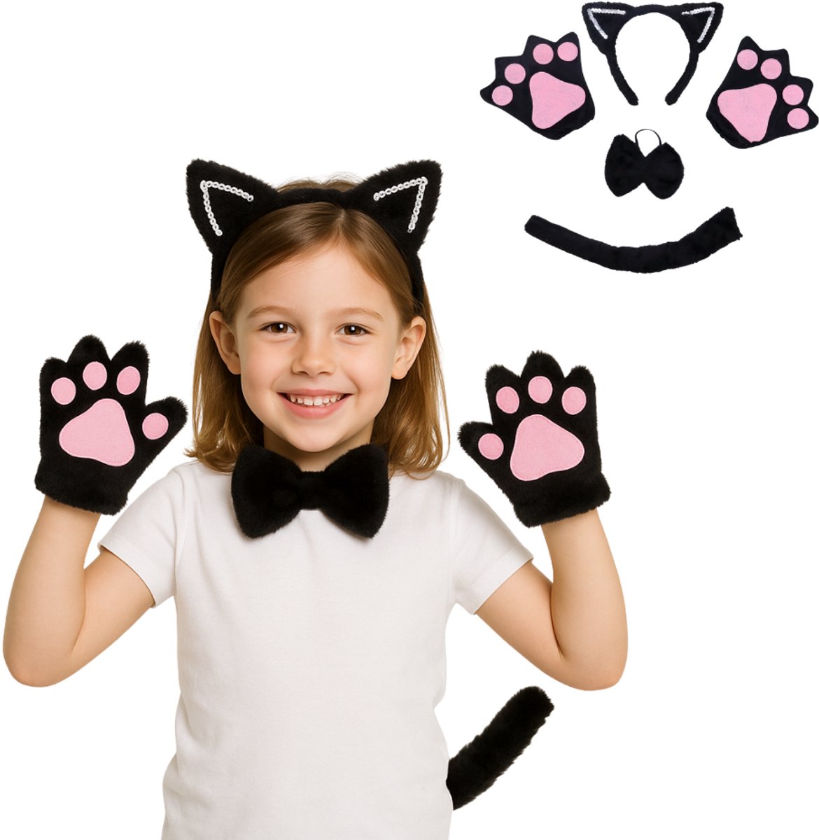 Joya Kids® Kat Zwart Verkleed Accessoires | Verkleedset Katten | Verkleedpak Kitten | Carnaval Halloween Outfit | Haarband Oren, Staart, Pootjes Strik | Zwart
