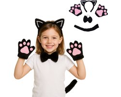 Joya Kids® Kat Zwart Verkleed Accessoires | Verkleedset Katten | Meisjes en Jongens en Volwassenen Verkleedpak Kitten | Carnaval en Halloween Outfit kinderen en volwassen | Haarband met Oren, Staart, Pootjes en Strik | Zwart