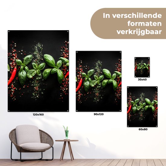 Tuinposter 30x40 cm - Tuindecoratie Chilipepers - Basilicum - Blaadjes - Rood - Poster voor in de tuin - Buiten decoratie - Schutting tuinschilderij - Tuindoek muurdecoratie - Wanddecoratie balkondoek