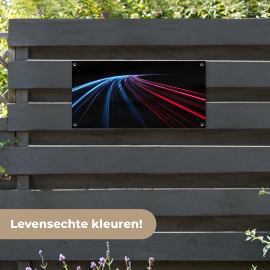 Tuinposter 80x40 cm - Tuindecoratie Gaming - Strepen - Gebogen - Blauw - Poster voor in de tuin - Buiten decoratie - Schutting tuinschilderij - Tuindoek muurdecoratie - Wanddecoratie balkondoek