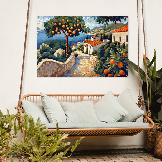 Affiche de jardin 120x80 cm - Décoration de jardin Maisons - Mosaïque - Orangers - Mer - Affiche pour le jardin - Décoration extérieure - Tableau de jardin clôture - Décoration murale en tissu de jardin - Décoration murale en tissu de balcon
