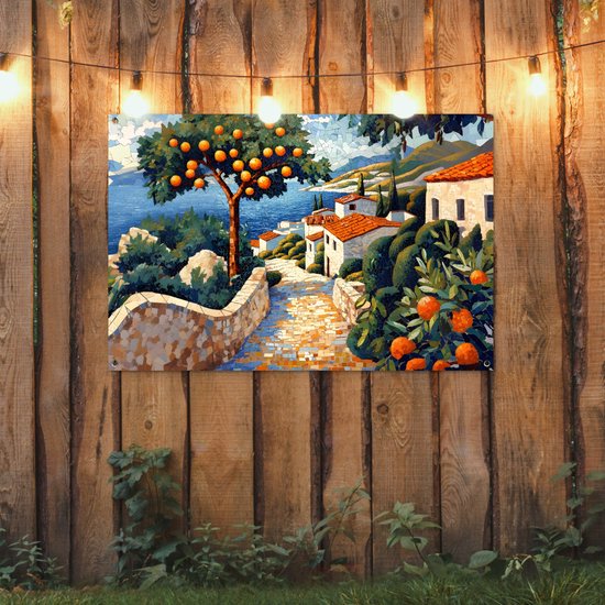 Affiche de jardin 120x80 cm - Décoration de jardin Maisons - Mosaïque - Orangers - Mer - Affiche pour le jardin - Décoration extérieure - Tableau de jardin clôture - Décoration murale en tissu de jardin - Décoration murale en tissu de balcon