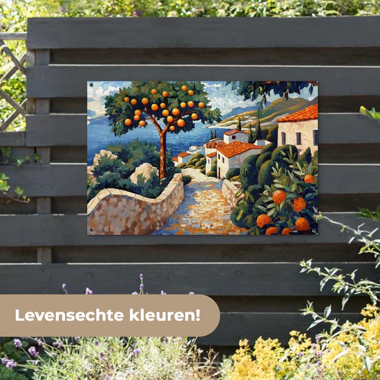 Affiche de jardin 120x80 cm - Décoration de jardin Maisons - Mosaïque - Orangers - Mer - Affiche pour le jardin - Décoration extérieure - Tableau de jardin clôture - Décoration murale en tissu de jardin - Décoration murale en tissu de balcon