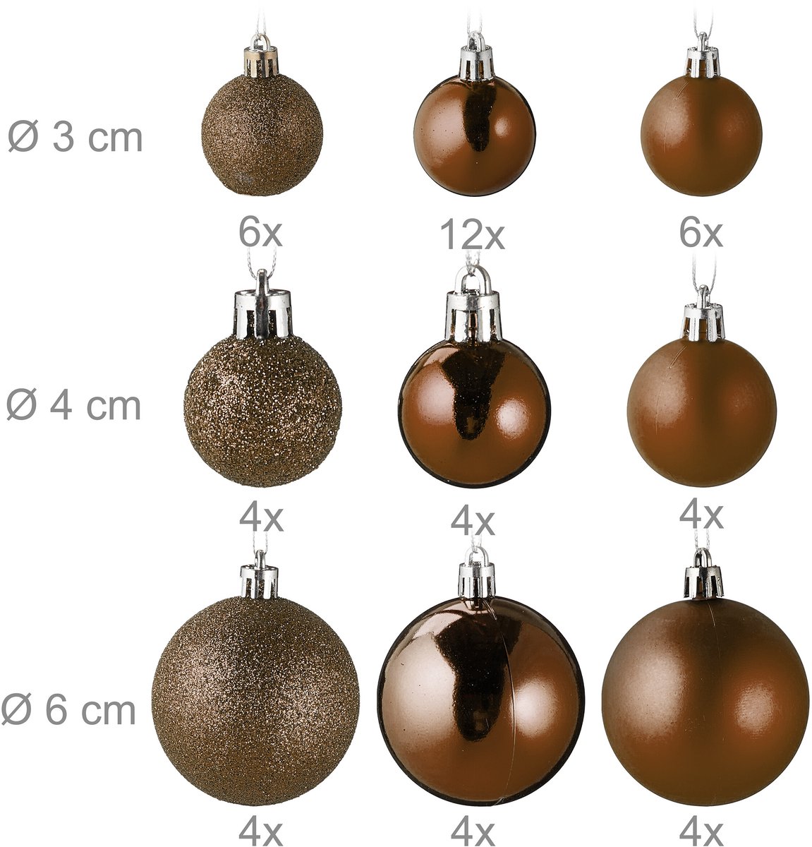 Kerstballen set van 100 - plastic - mat - glanzend - glitters - 10 designs - bruin – foto 5