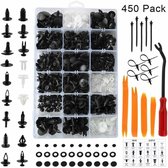 Een bakje met 450 stuks plastic auto klinknagelclips in verschillende maten en vormen, met installatiegereedschap.