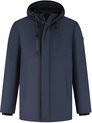 Donkerblauwe Kjelvik outdoorjas met capuchon, staand model, met ritsen en knopen.