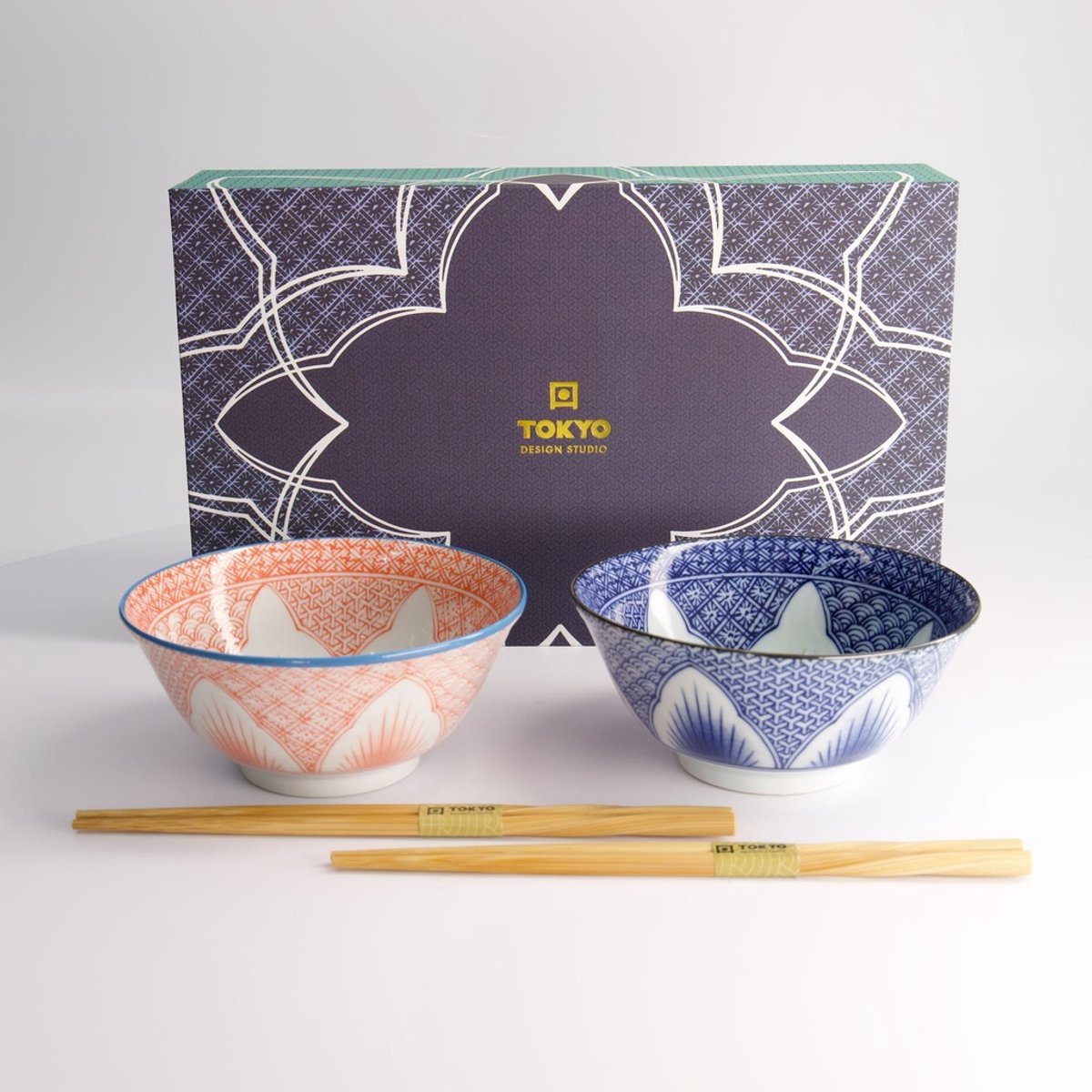 Tokyo Design Lily Flower 2pcs Bowl Giftset w/chopsticks Rd/Bl 14.8x6.8cm 550ml