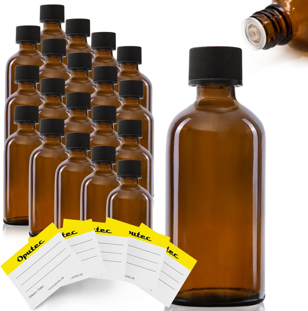 Oputec 20 x 100ml druppelflesjes – bruine apothekersflesjes met druppelinzet & etiketten – lekvrij & kindveilig