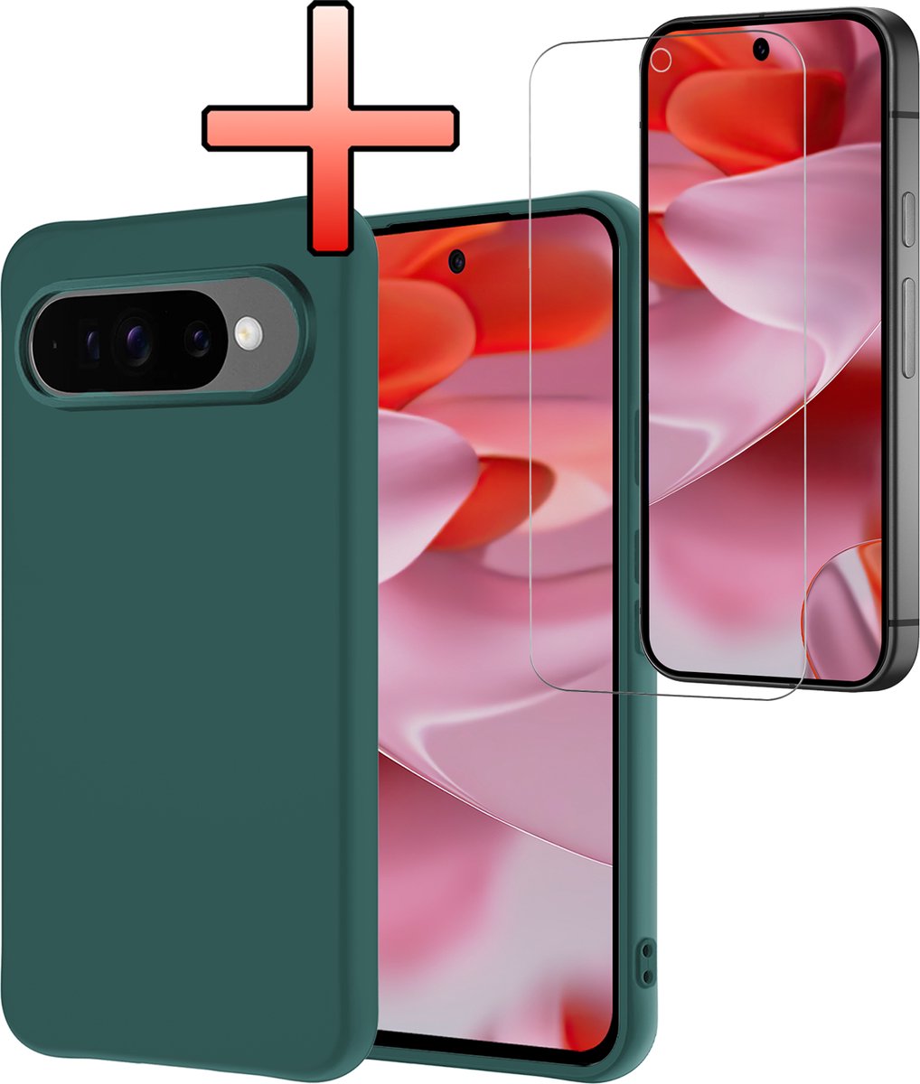 Hoesje - Met Screenprotector - Geschikt voor Google Pixel 10 Pro XL - Sterk & Shockproof - Back Cover - Siliconen Case - Telefoon Hoes - Donkergroen