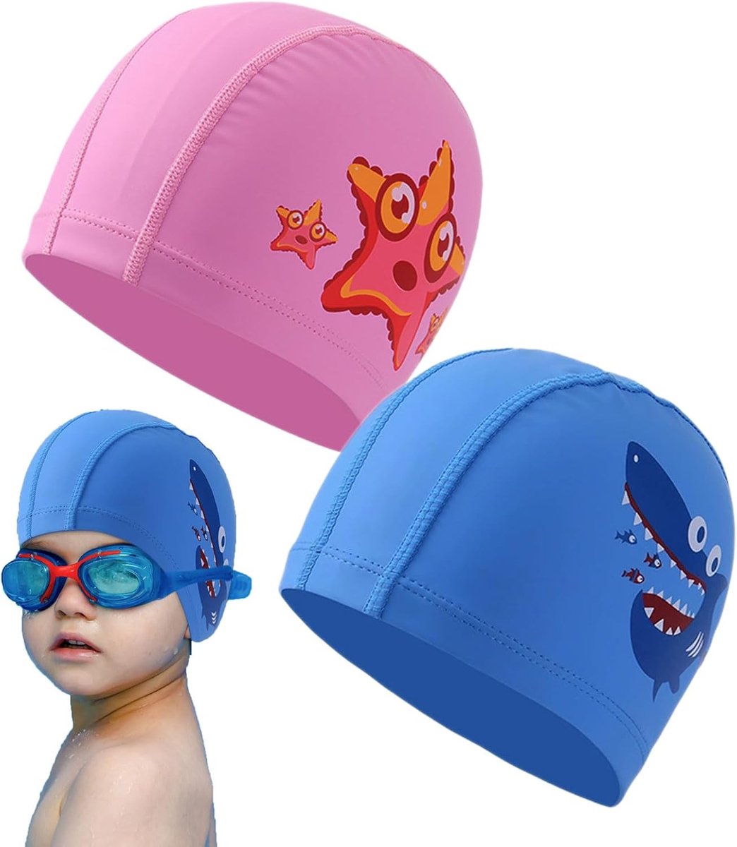2-delige kinderbadmutsenset, elastische badmuts, waterdichte PU-badmuts voor jongens, badmuts voor meisjes, badmuts voor kinderen van 4 tot 10 jaar