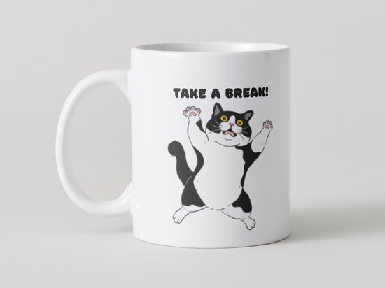 Koffiemok Take a Break Kat – Grappige Mok met Tekst – Keramische Koffiebeker 330ml – Leuke Mok Cadeau voor Koffieliefhebbers en Kattenfans