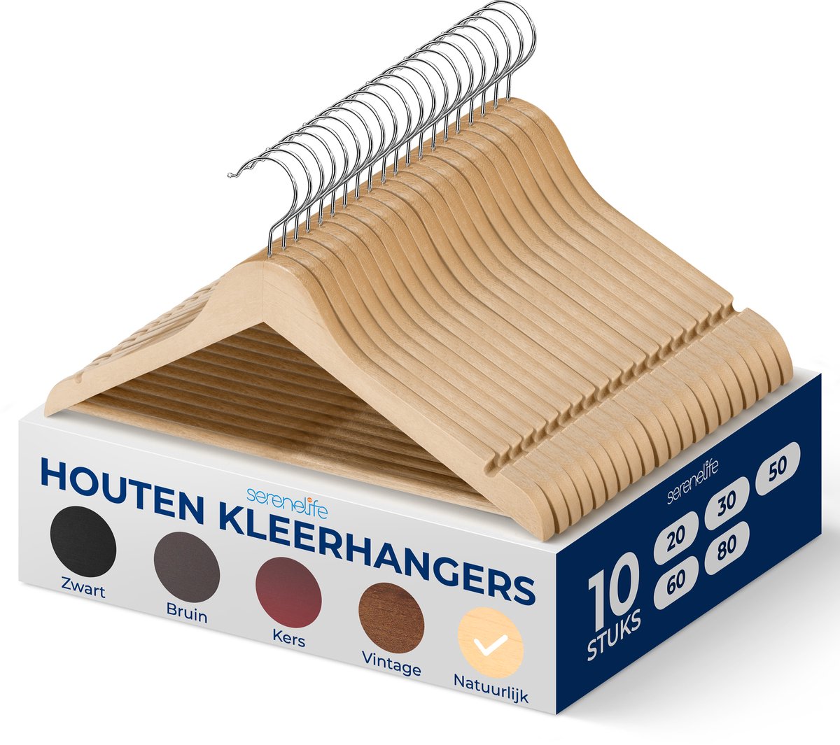 SereneLife Kleerhanger - Houten Hangers - Antislip Ruimtebesparende Kledinghangers - met 360° Draaibare Haak en Inkepingen - 10 Stuks - Duurzaam en Sterk voor Hemden, Truien, Hoodies, en Jurken