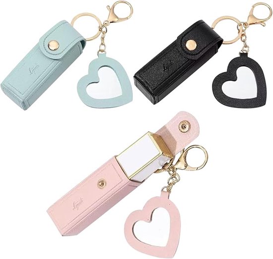 Lot de 3 trousses de rangement en cuir pour rouge à lèvres, portables, avec petit miroir, porte-clés, Mini sac, pendentif porte-clés, porte-baume à lèvres créatif, rose, noir, bleu clair