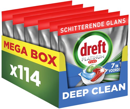 Dreft Platinum Plus All In One Vaatwastabletten Deep Clean-technologie - 6 x 19 stuks