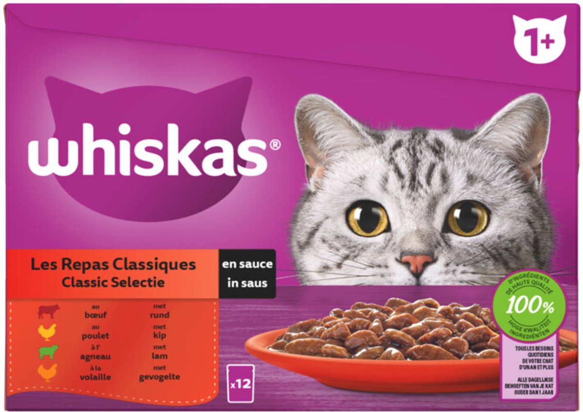 4x Whiskas 1+ Classic Selectie in Saus Maaltijdzakjes Multipack 12 x 85 gr