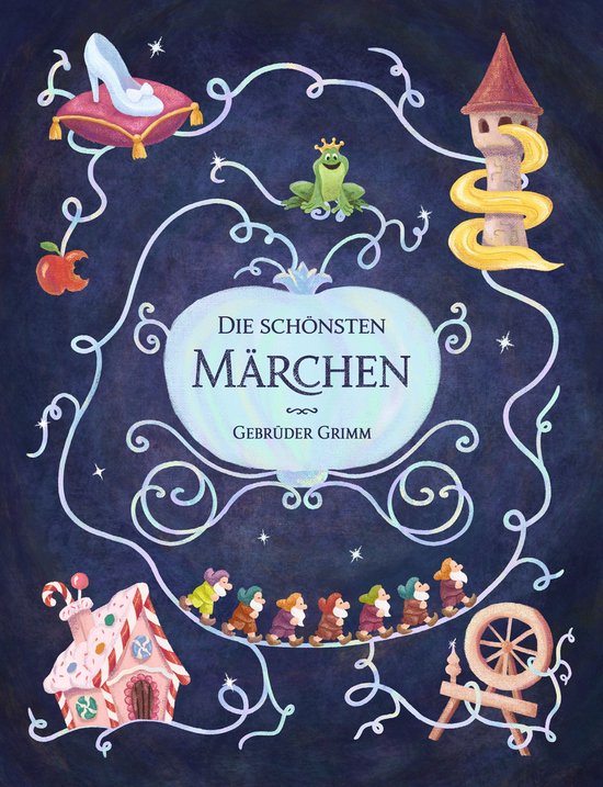 Boekomslag 'Die schönsten Märchen' van de gebroeders Grimm, met illustraties van sprookjesfiguren op een donkere achtergrond.