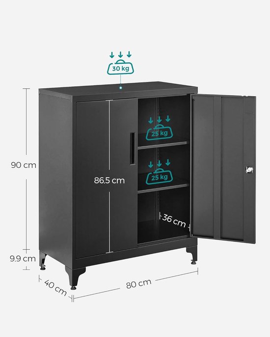 Afmetingen van zwarte metalen kast: 90 cm hoog, 80 cm breed, 40 cm diep. 30 kg boven, 25 kg per plank.