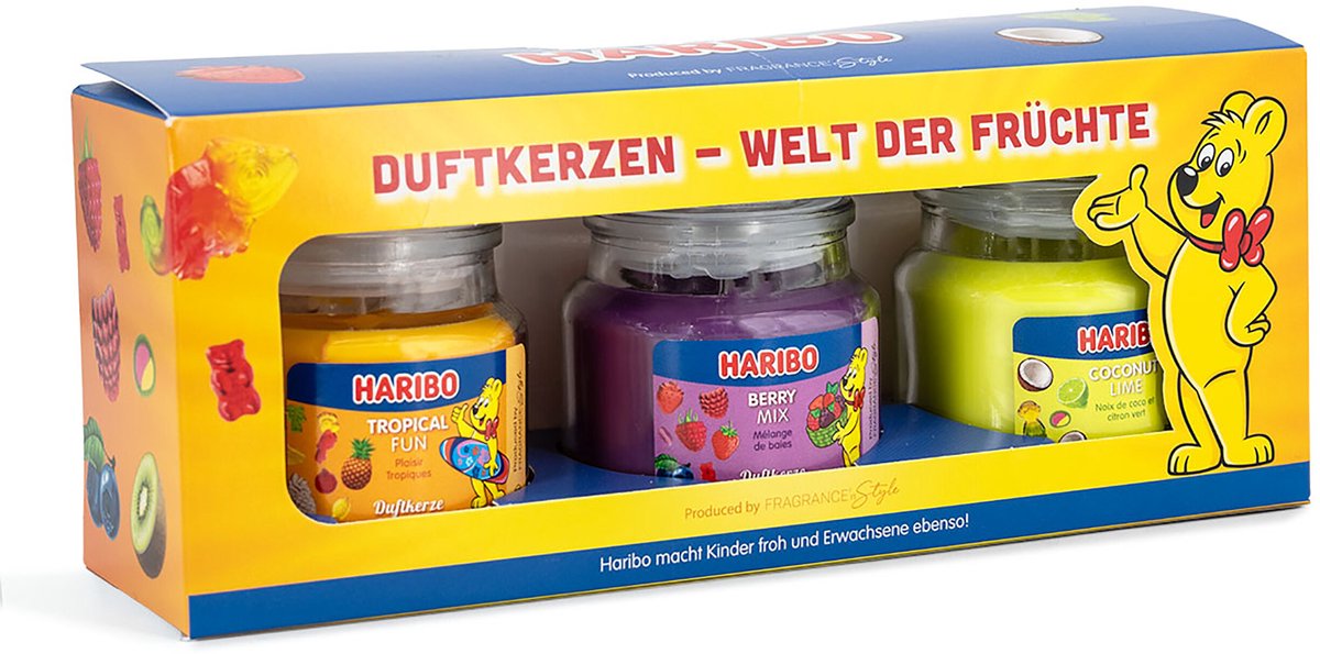 Haribo Berry Mix, Coconut Lime, Tropical Fun -geurkaarsen Cadeauset - 3x 85g